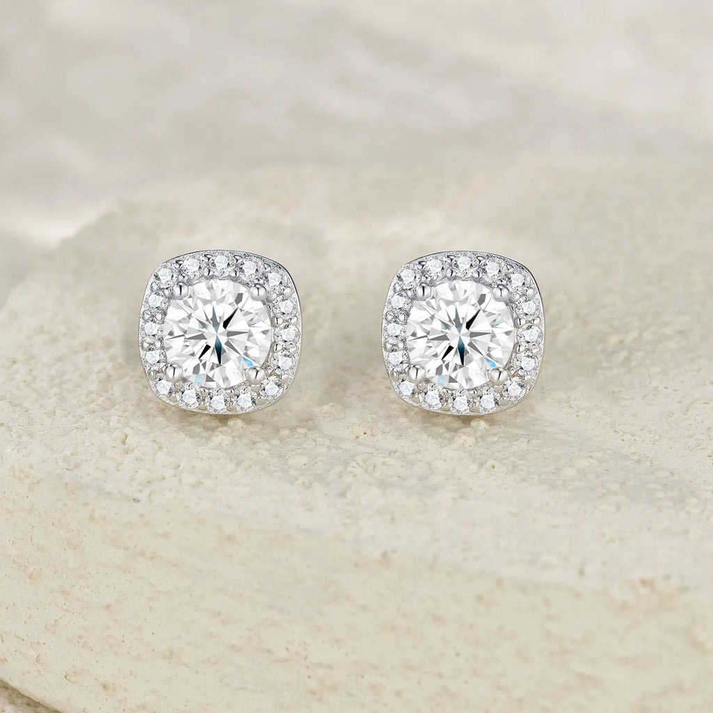 S925 Sterling Silver Cushion Halo Moissanite Stud Earrings for Women