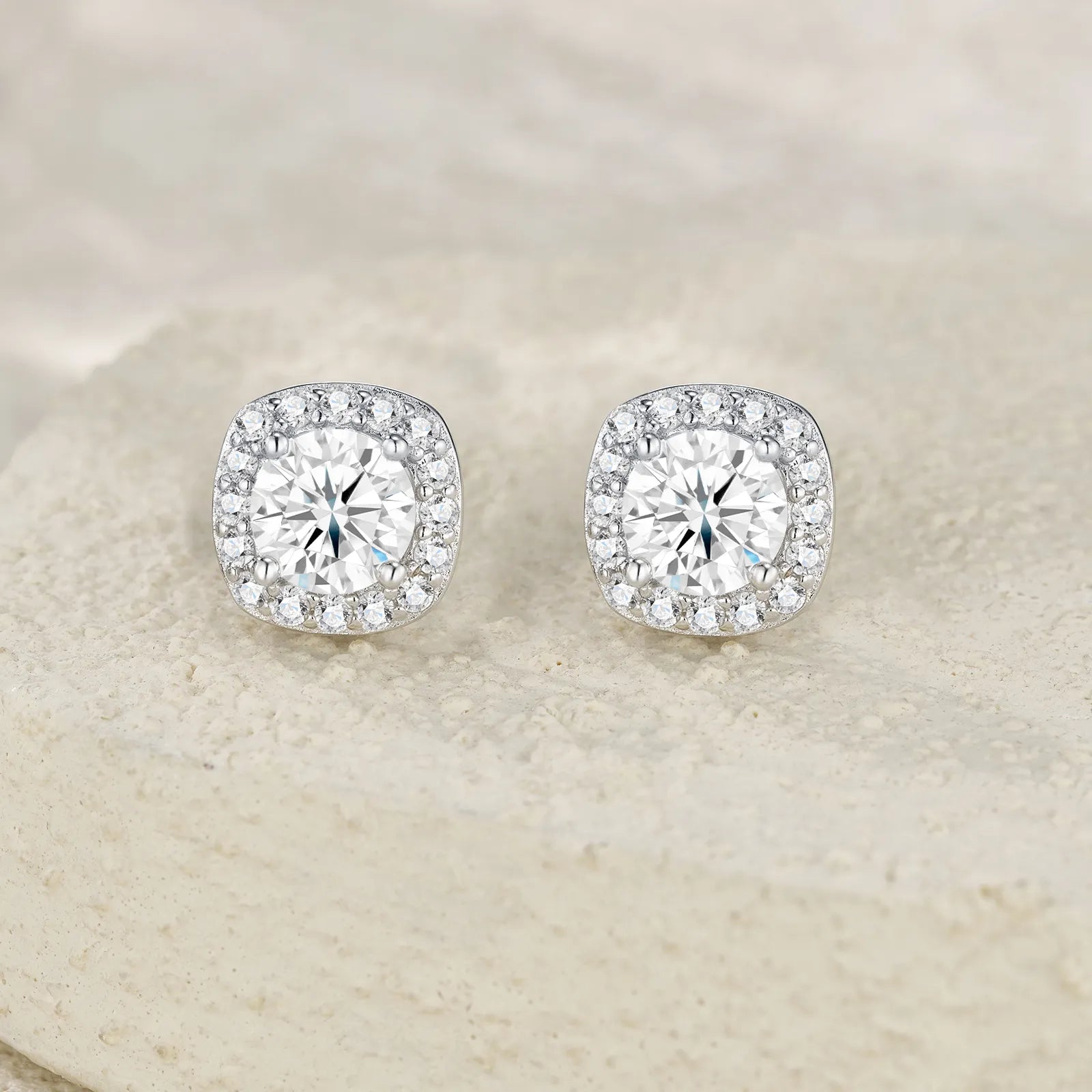 S925 Sterling Silver Cushion Halo Moissanite Stud Earrings for Women