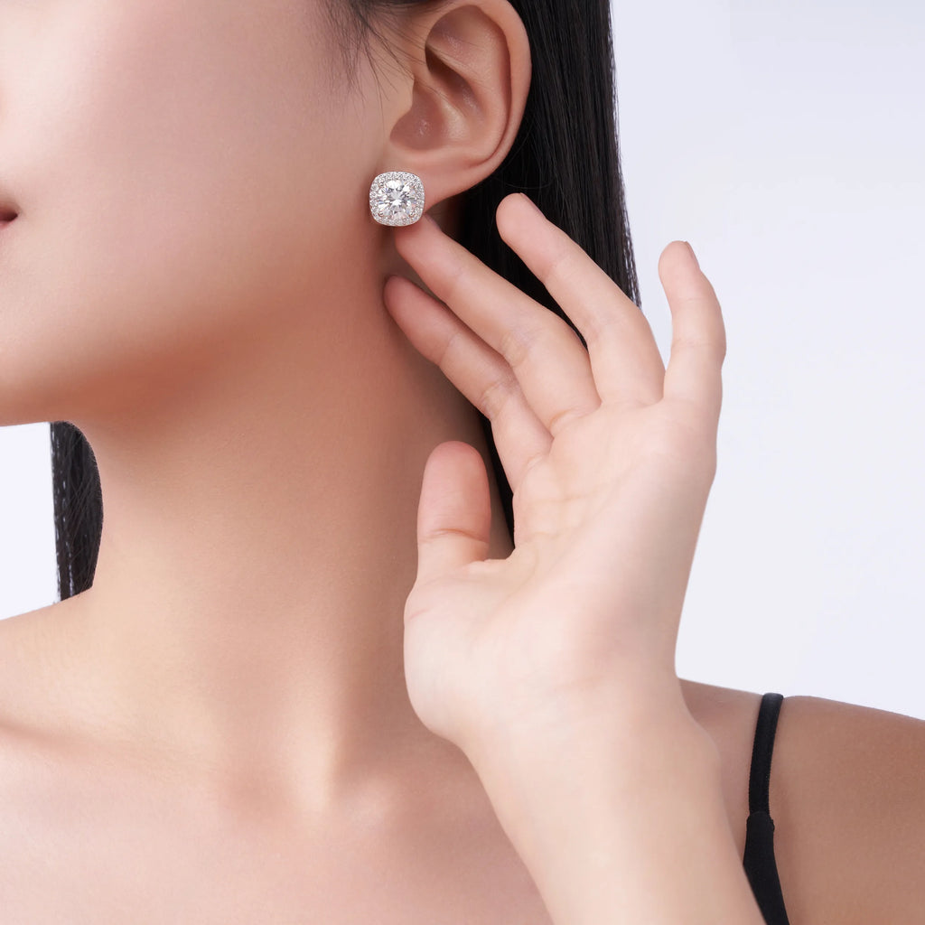 S925 Sterling Silver Cushion Halo Moissanite Stud Earrings for Women
