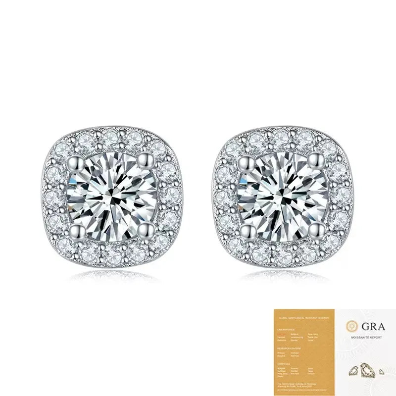 S925 Sterling Silver Cushion Halo Moissanite Stud Earrings for Women