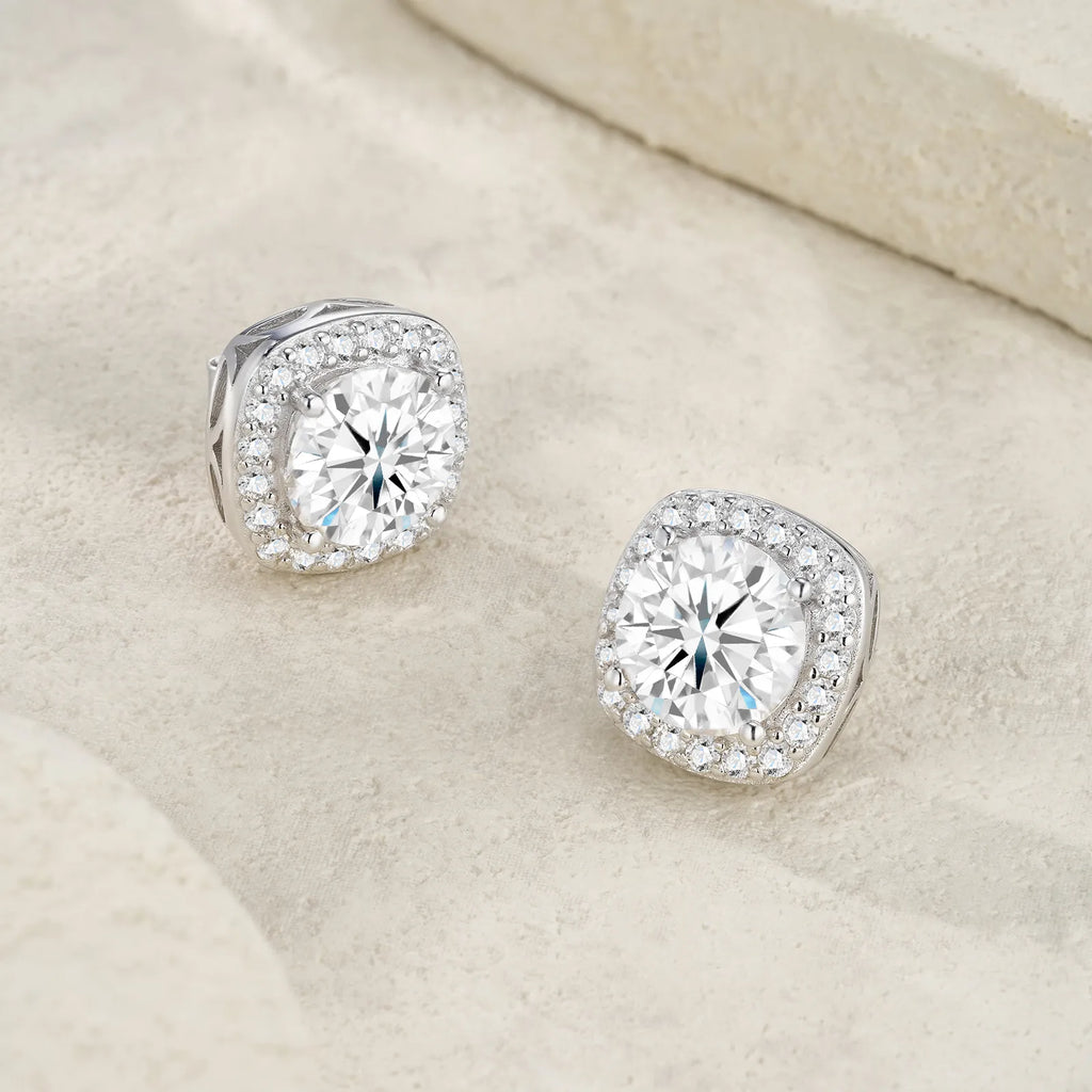 S925 Sterling Silver Cushion Halo Moissanite Stud Earrings for Women