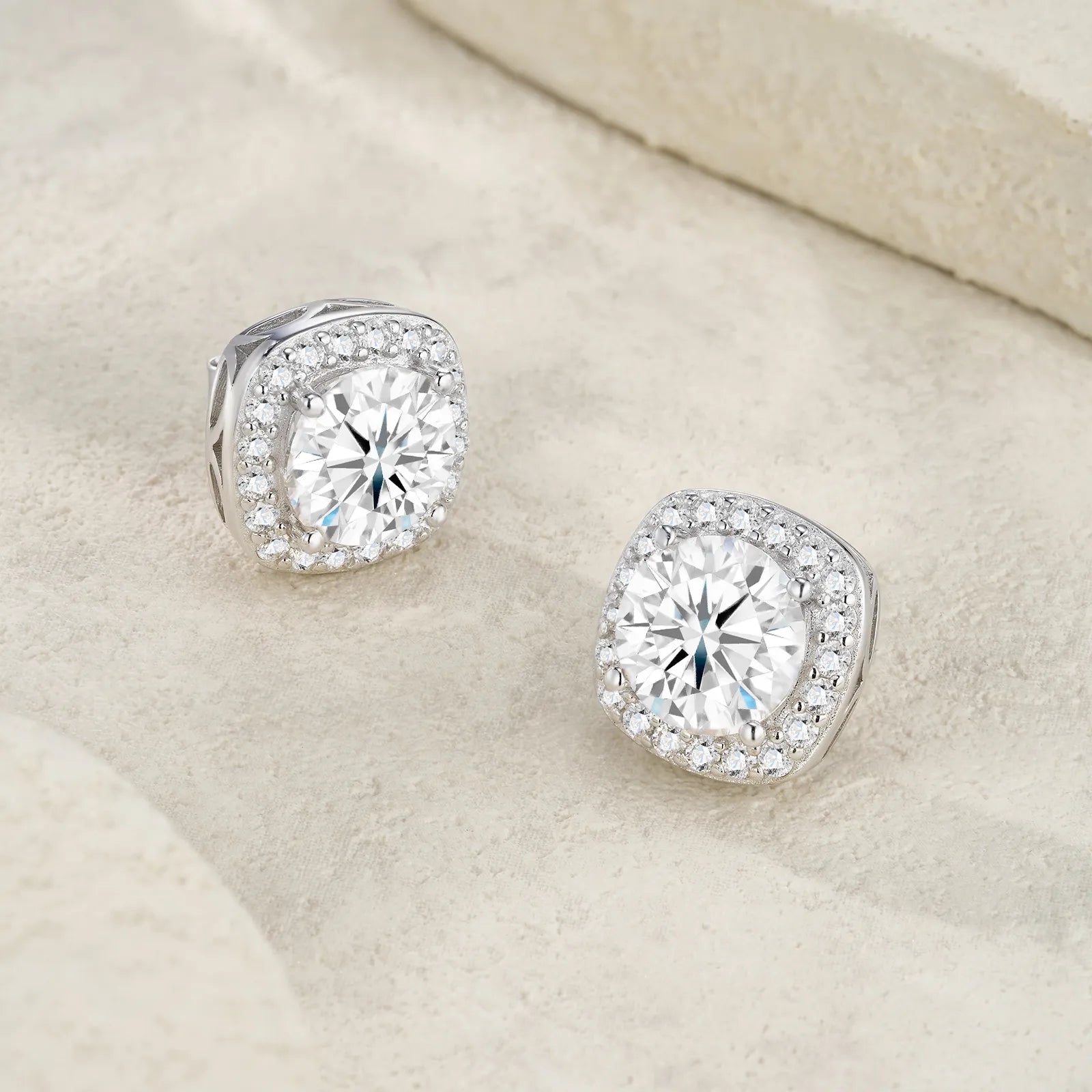 S925 Sterling Silver Cushion Halo Moissanite Stud Earrings for Women