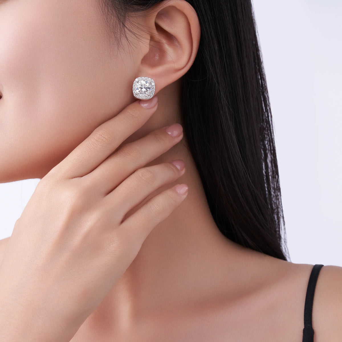 S925 Sterling Silver Cushion Halo Moissanite Stud Earrings for Women