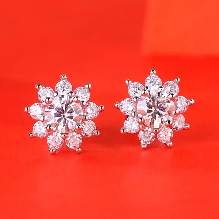 S925 Sterling Silver Snowflake Halo Moissanite Stud Earrings for Women