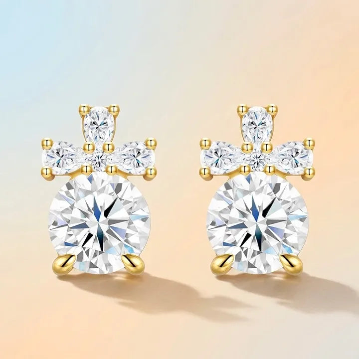 S925 Sterling Silver Gold‑Tone Bow Multi‑Stone Moissanite Stud Earrings for Women