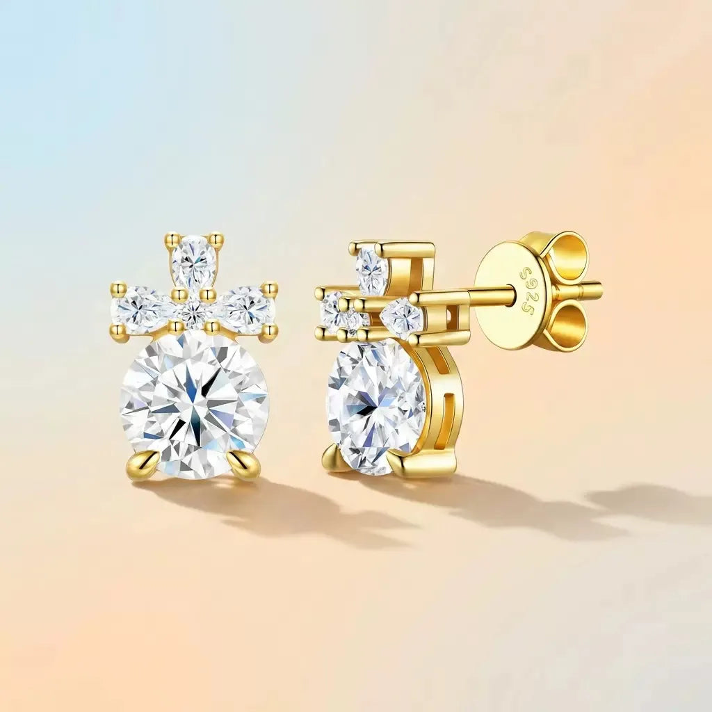 S925 Sterling Silver Gold‑Tone Bow Multi‑Stone Moissanite Stud Earrings for Women