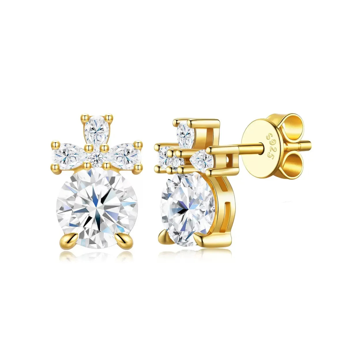 S925 Sterling Silver Gold‑Tone Bow Multi‑Stone Moissanite Stud Earrings for Women
