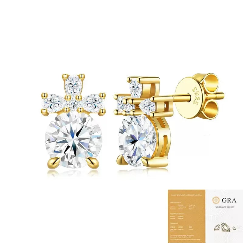 S925 Sterling Silver Gold‑Tone Bow Multi‑Stone Moissanite Stud Earrings for Women