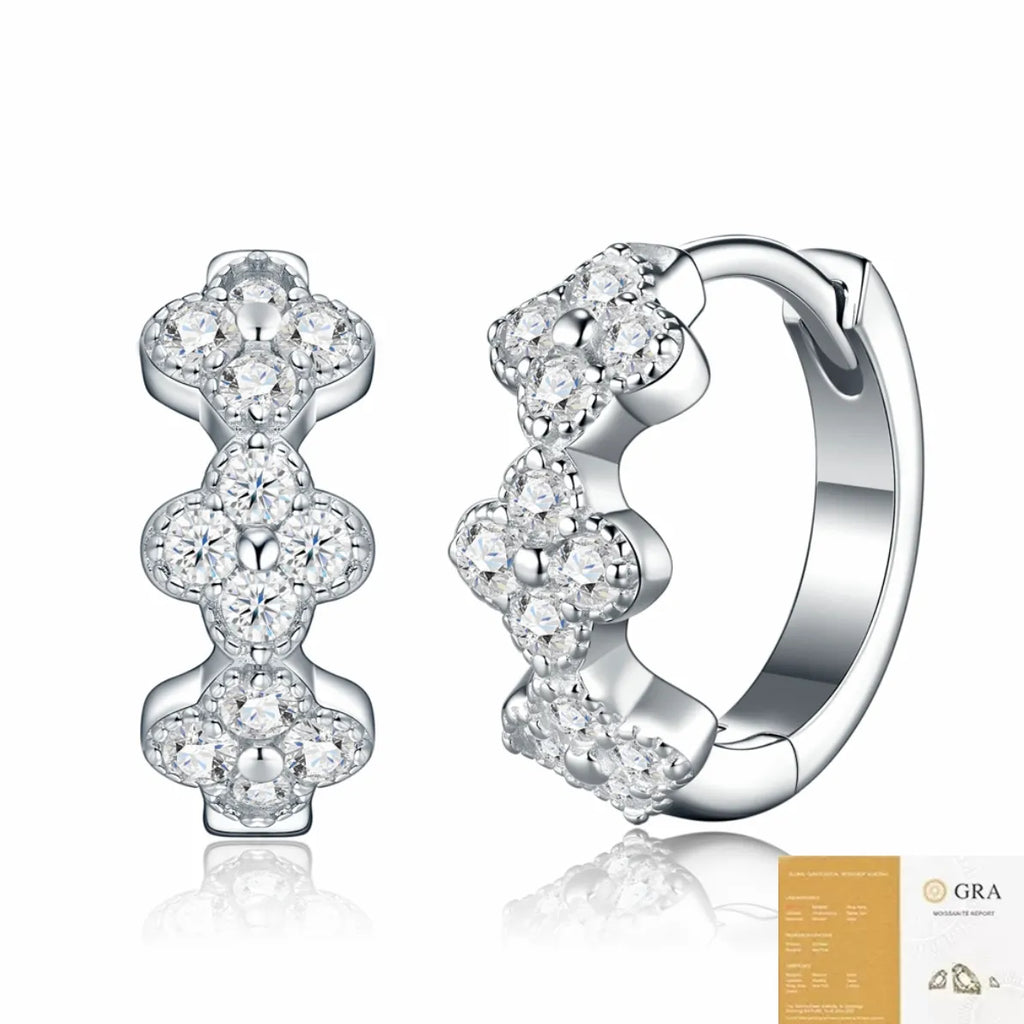 S925 Silver Women Clover Moissanite Huggie Hoop Earrings