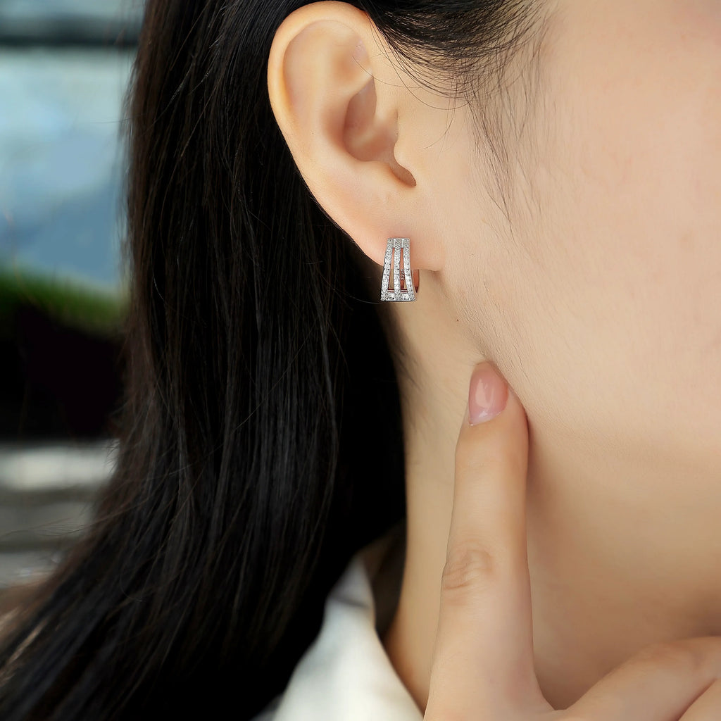 S925 Sterling Silver Three‑Row Paved Moissanite Huggie Hoop Earrings for Women