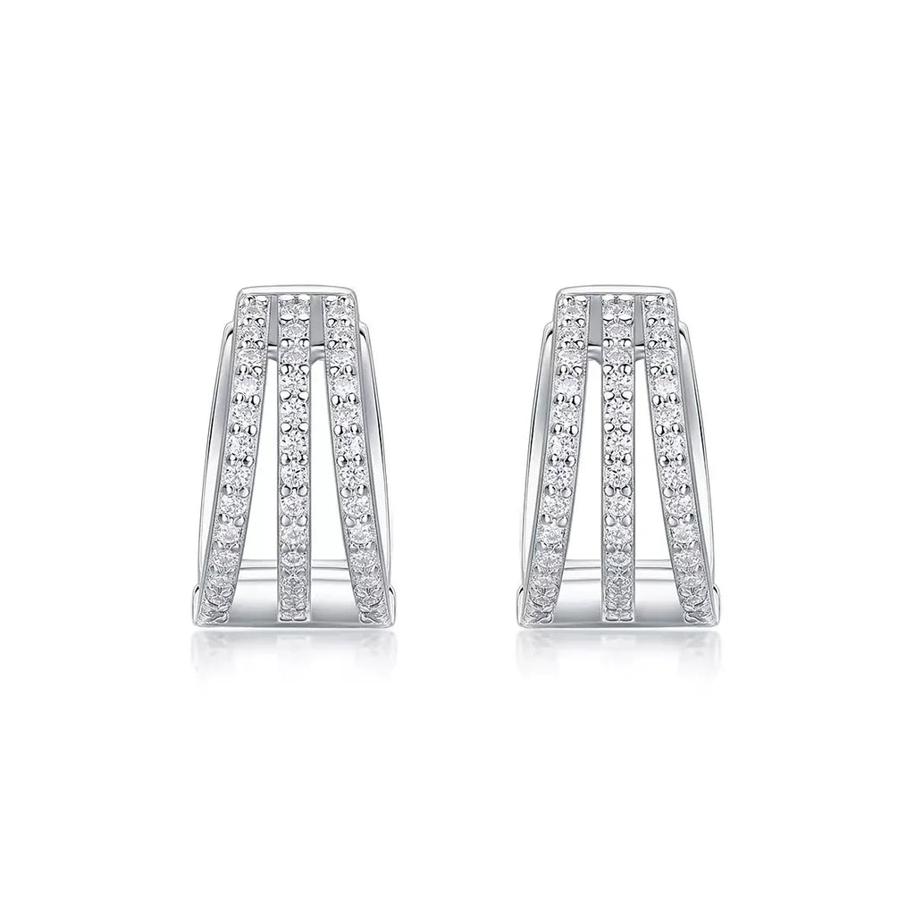 S925 Sterling Silver Three‑Row Paved Moissanite Huggie Hoop Earrings for Women
