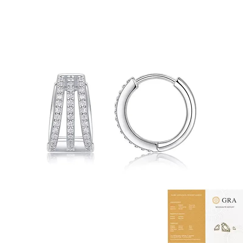 S925 Sterling Silver Three‑Row Paved Moissanite Huggie Hoop Earrings for Women