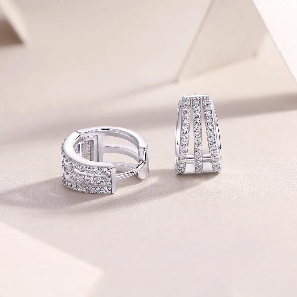 S925 Sterling Silver Three‑Row Paved Moissanite Huggie Hoop Earrings for Women
