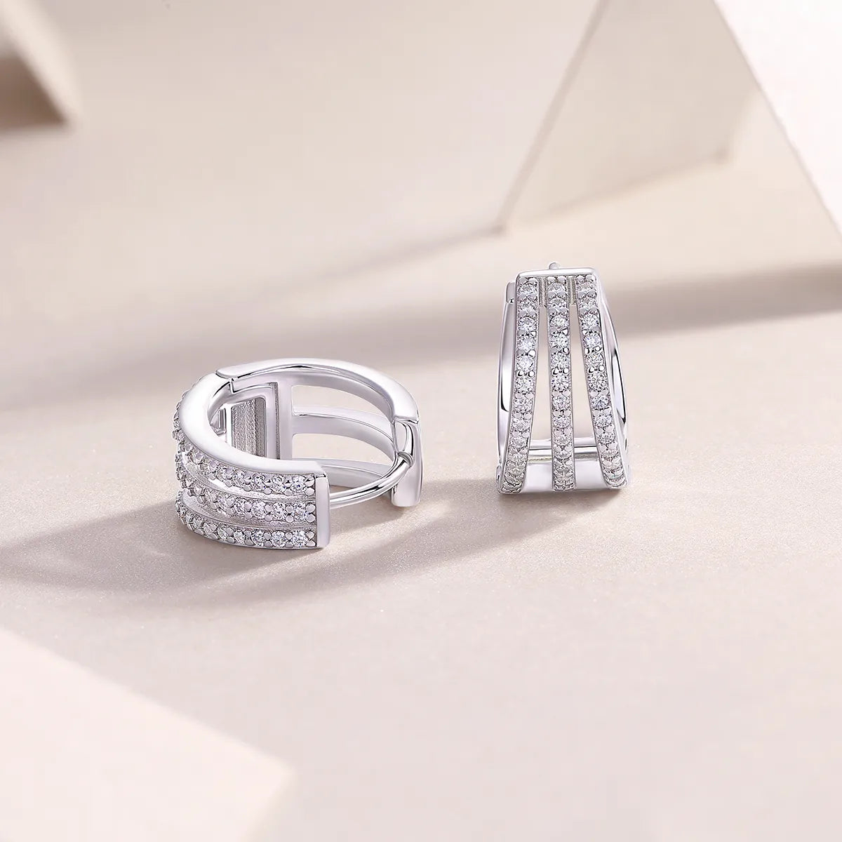 S925 Sterling Silver Three‑Row Paved Moissanite Huggie Hoop Earrings for Women
