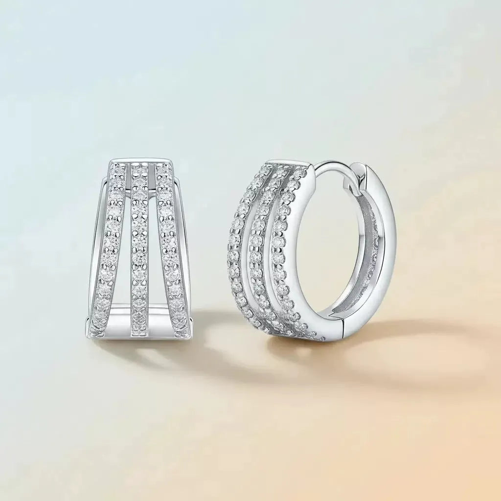 S925 Sterling Silver Three‑Row Paved Moissanite Huggie Hoop Earrings for Women