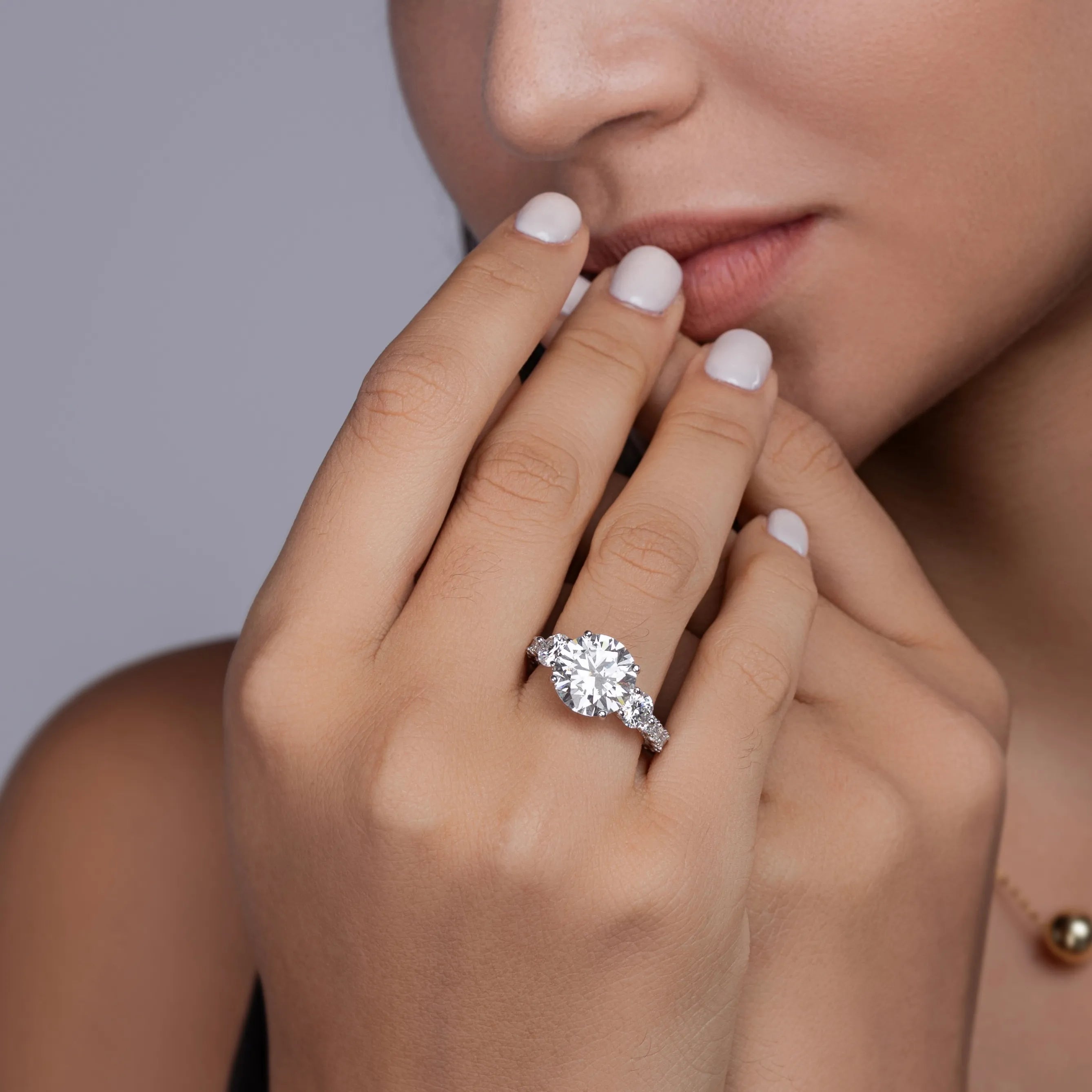 Three‑Stone Round Moissanite Engagement Ring S925 Sterling Silver Pavé Band Wedding