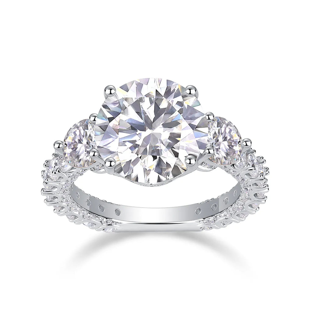 Three‑Stone Round Moissanite Engagement Ring S925 Sterling Silver Pavé Band Wedding