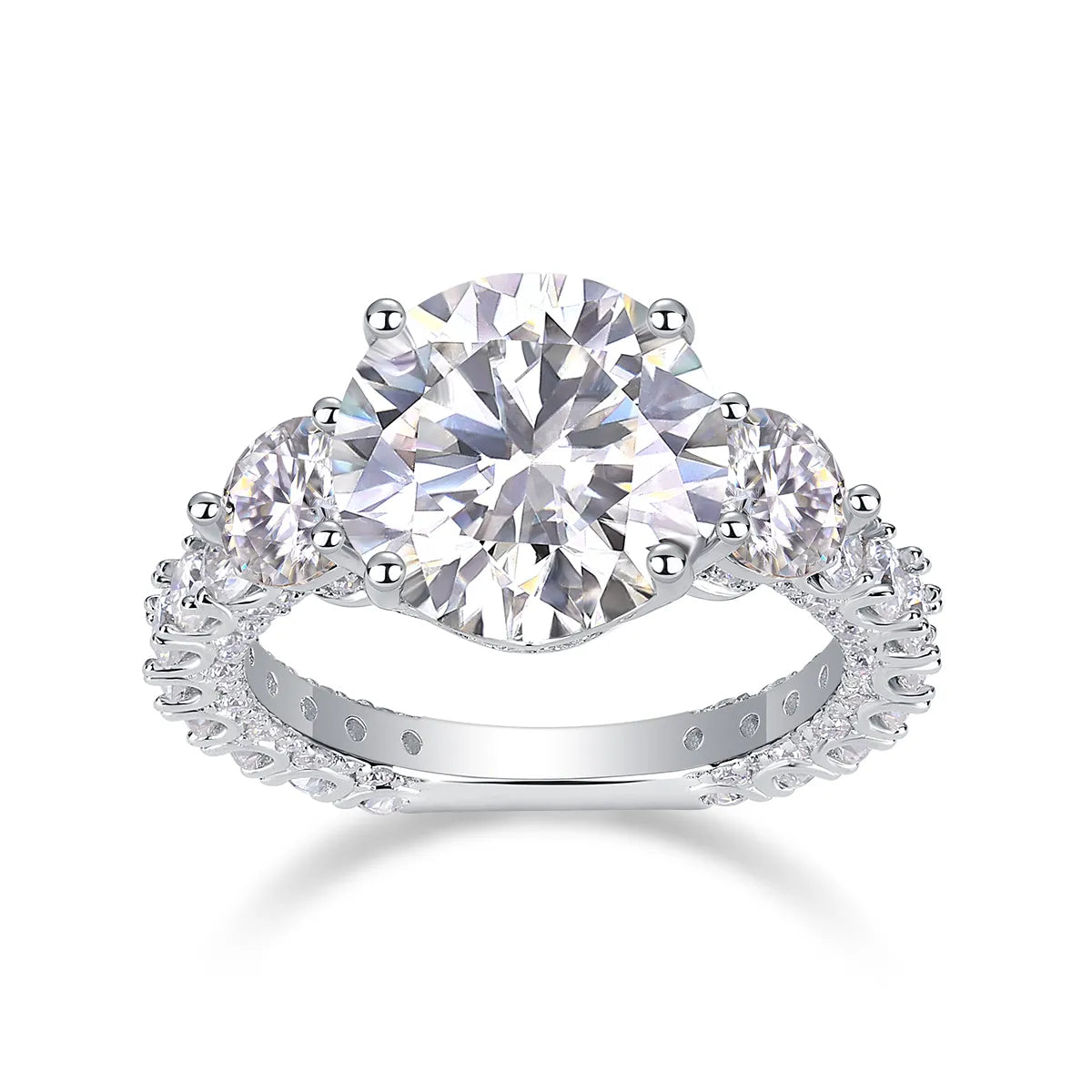 Three‑Stone Round Moissanite Engagement Ring S925 Sterling Silver Pavé Band Wedding