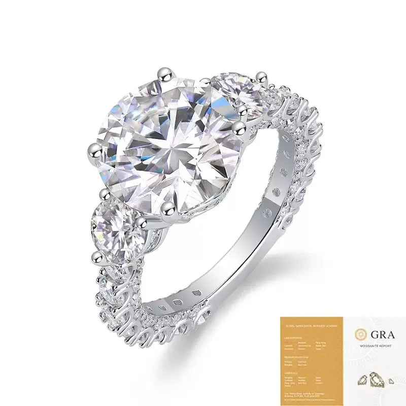 Three‑Stone Round Moissanite Engagement Ring S925 Sterling Silver Pavé Band Wedding