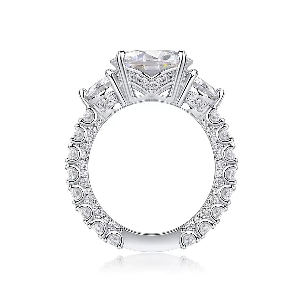 Three‑Stone Round Moissanite Engagement Ring S925 Sterling Silver Pavé Band Wedding