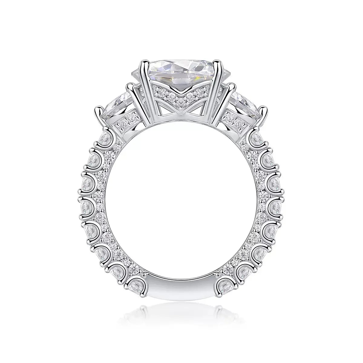 Three‑Stone Round Moissanite Engagement Ring S925 Sterling Silver Pavé Band Wedding