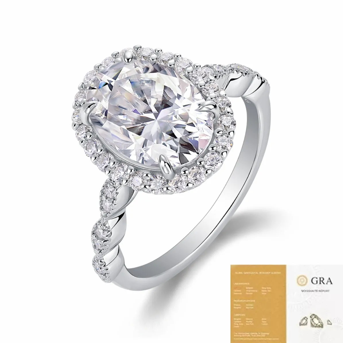 Oval Cut Halo Moissanite Engagement Ring S925 Sterling Silver Twisted Pave Band