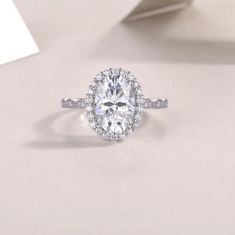 Oval Cut Halo Moissanite Engagement Ring S925 Sterling Silver Twisted Pave Band