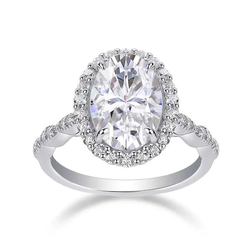Oval Cut Halo Moissanite Engagement Ring S925 Sterling Silver Twisted Pave Band