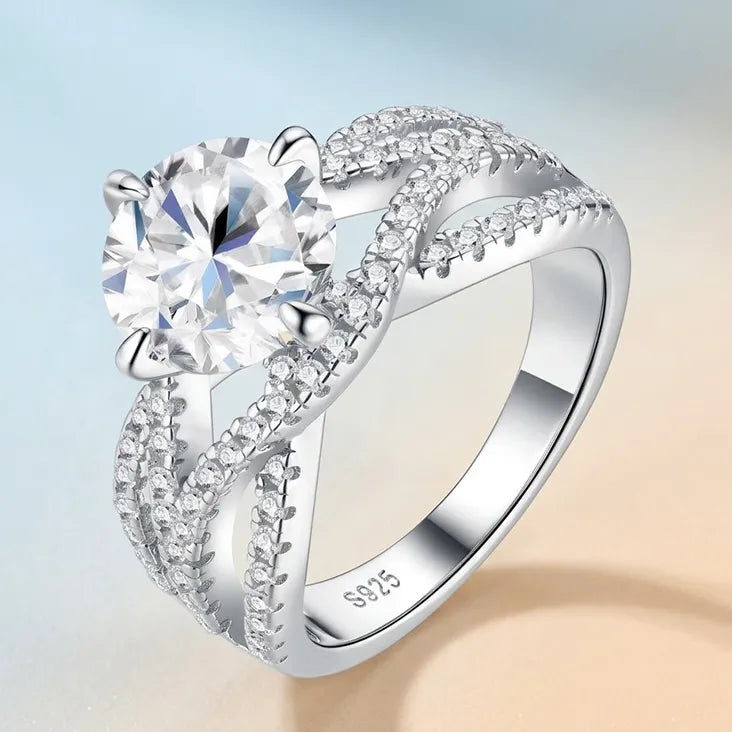 Round Cut Moissanite Engagement Ring S925 Sterling Silver Criss‑Cross Pave Band