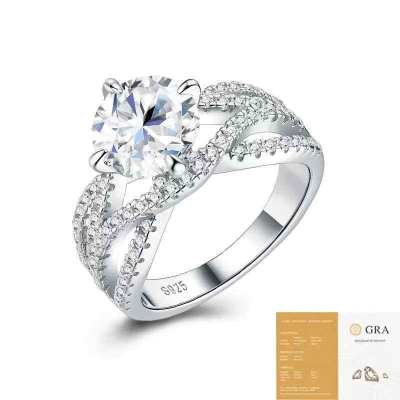 Round Cut Moissanite Engagement Ring S925 Sterling Silver Criss‑Cross Pave Band