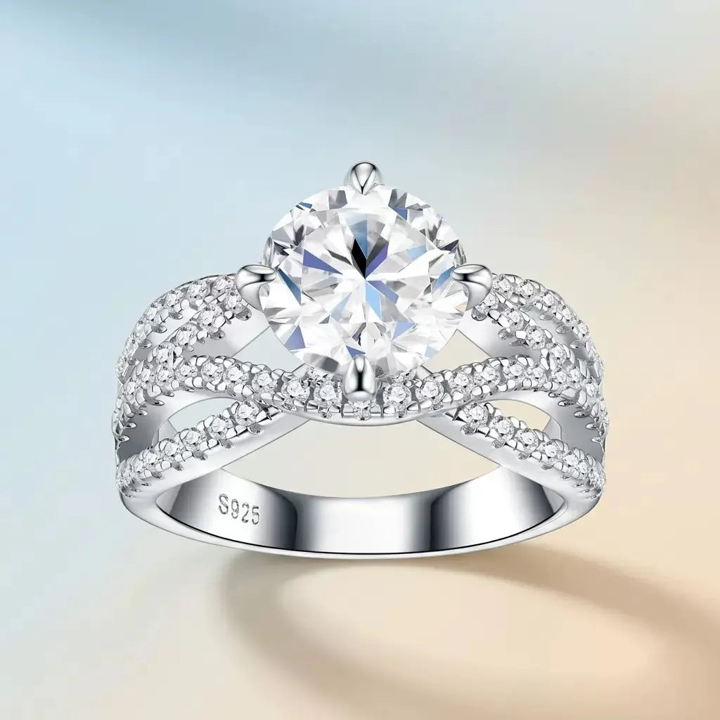 Round Cut Moissanite Engagement Ring S925 Sterling Silver Criss‑Cross Pave Band