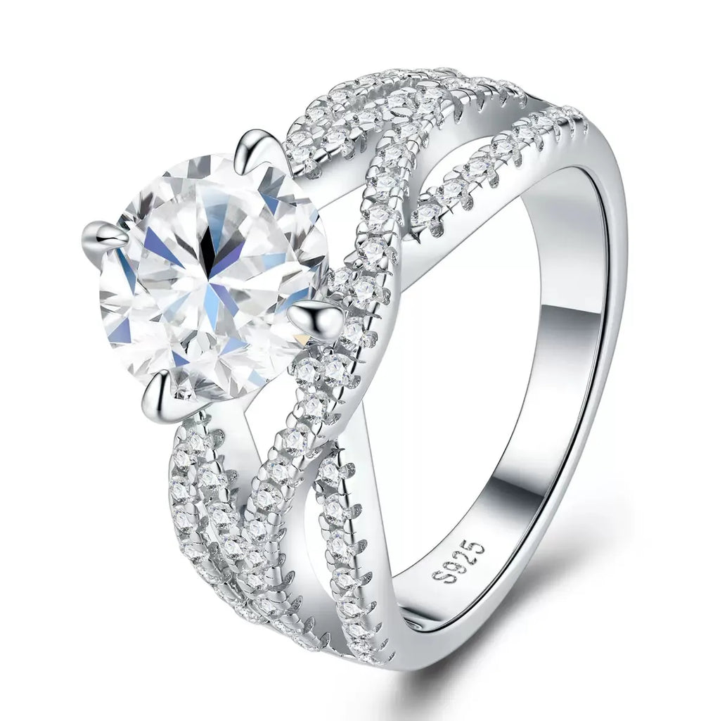 Round Cut Moissanite Engagement Ring S925 Sterling Silver Criss‑Cross Pave Band