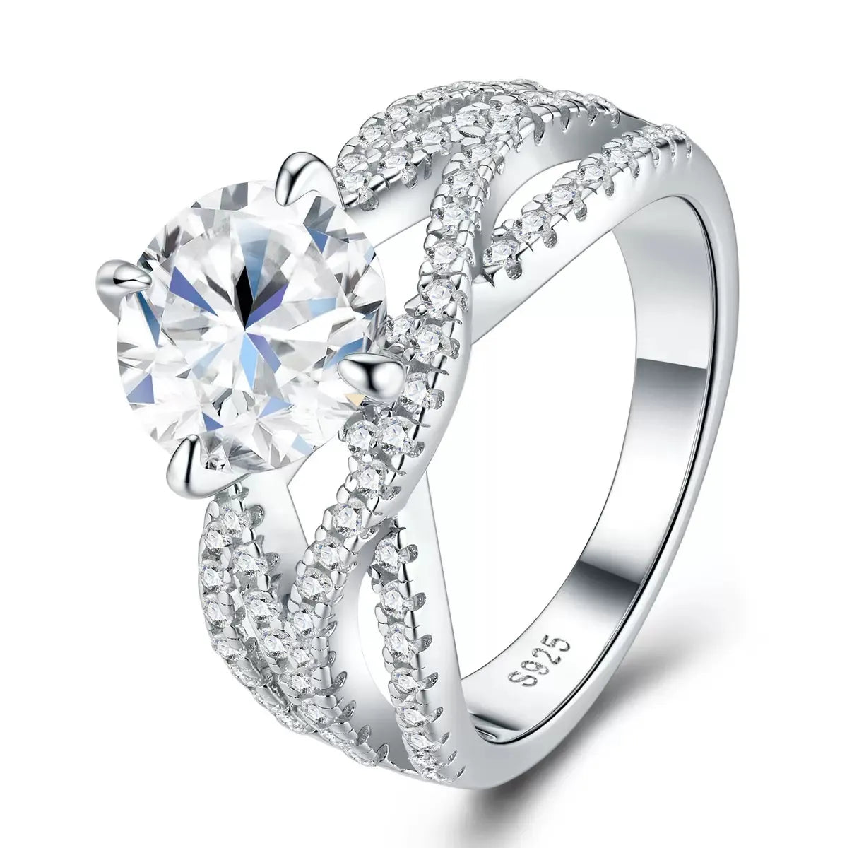 Round Cut Moissanite Engagement Ring S925 Sterling Silver Criss‑Cross Pave Band