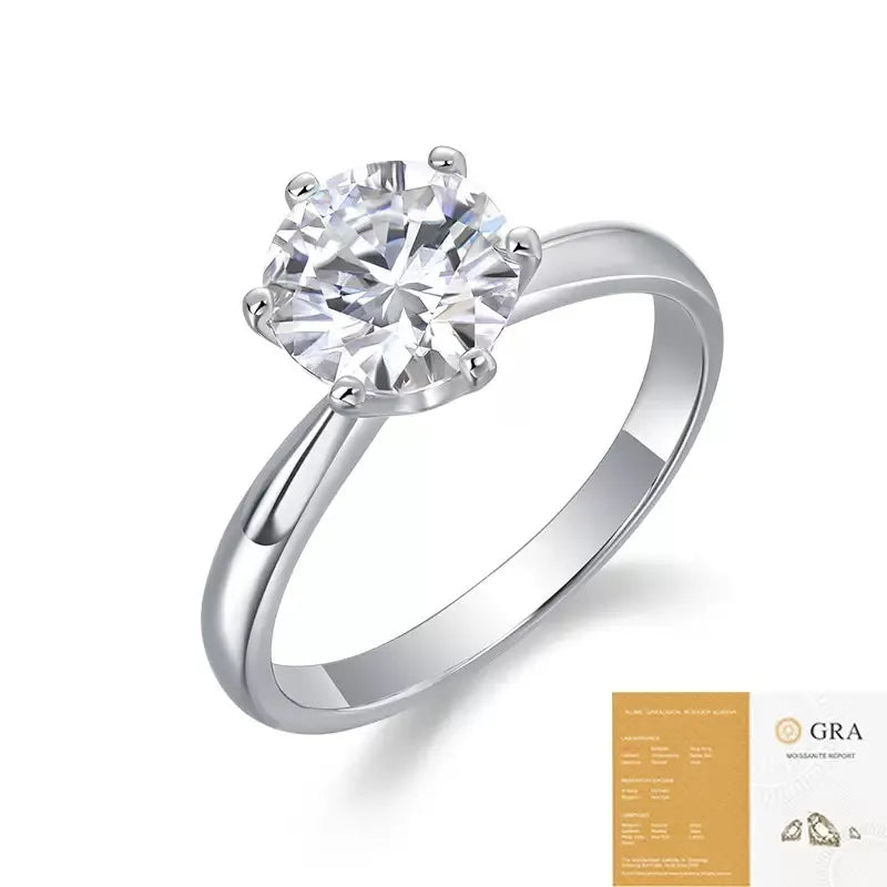 Round Solitaire Moissanite Engagement Ring S925 Sterling Silver 6‑Prong Smooth Band