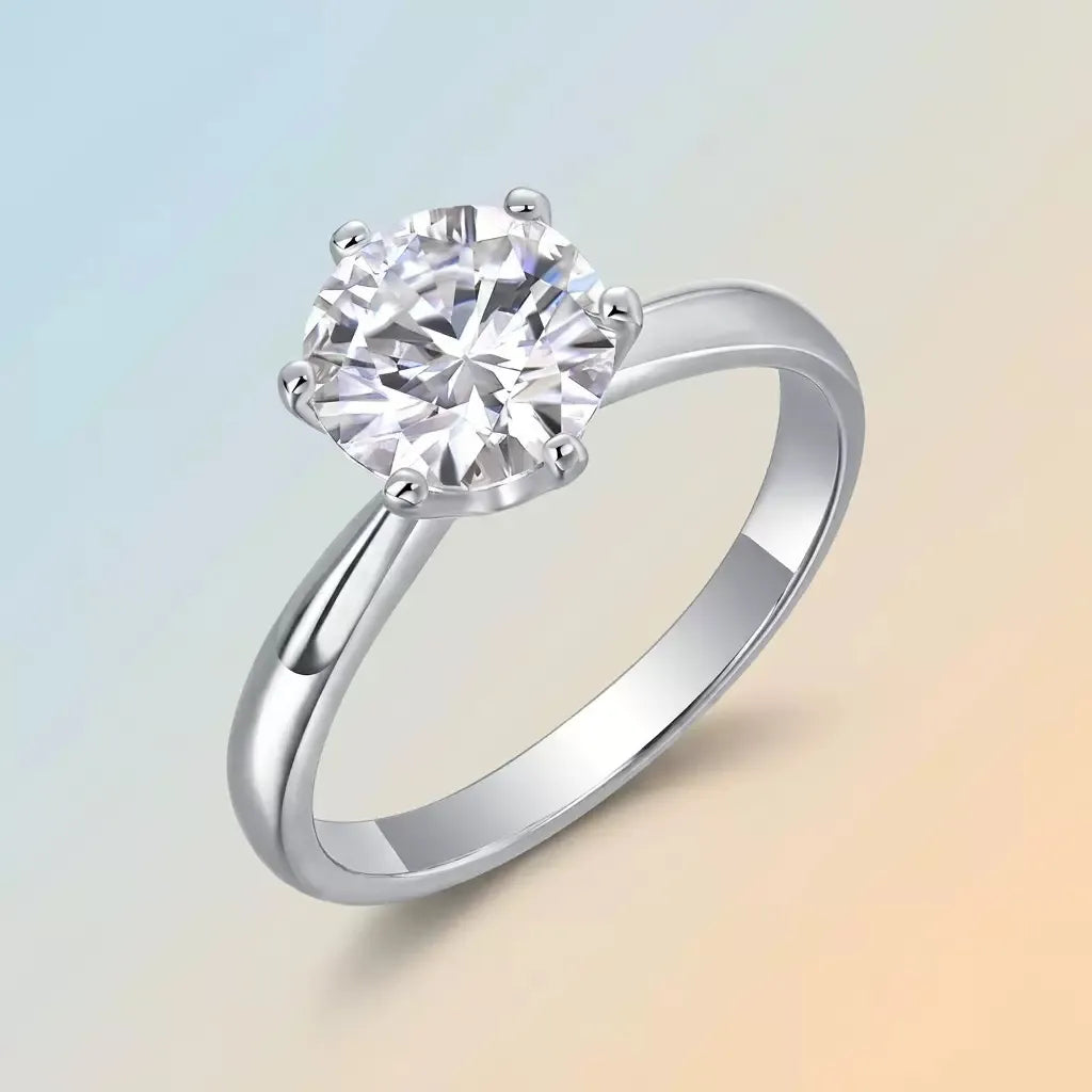 Round Solitaire Moissanite Engagement Ring S925 Sterling Silver 6‑Prong Smooth Band