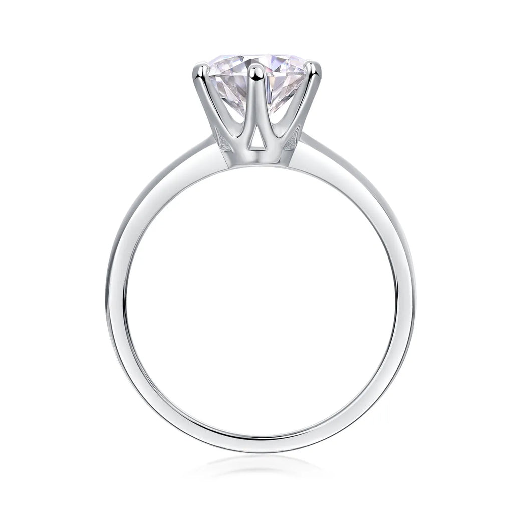 Round Solitaire Moissanite Engagement Ring S925 Sterling Silver 6‑Prong Smooth Band