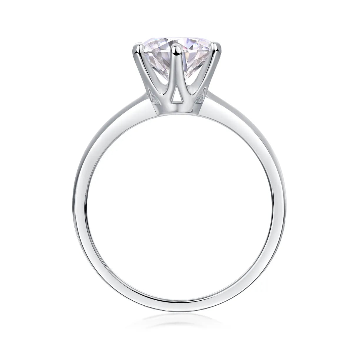 Round Solitaire Moissanite Engagement Ring S925 Sterling Silver 6‑Prong Smooth Band