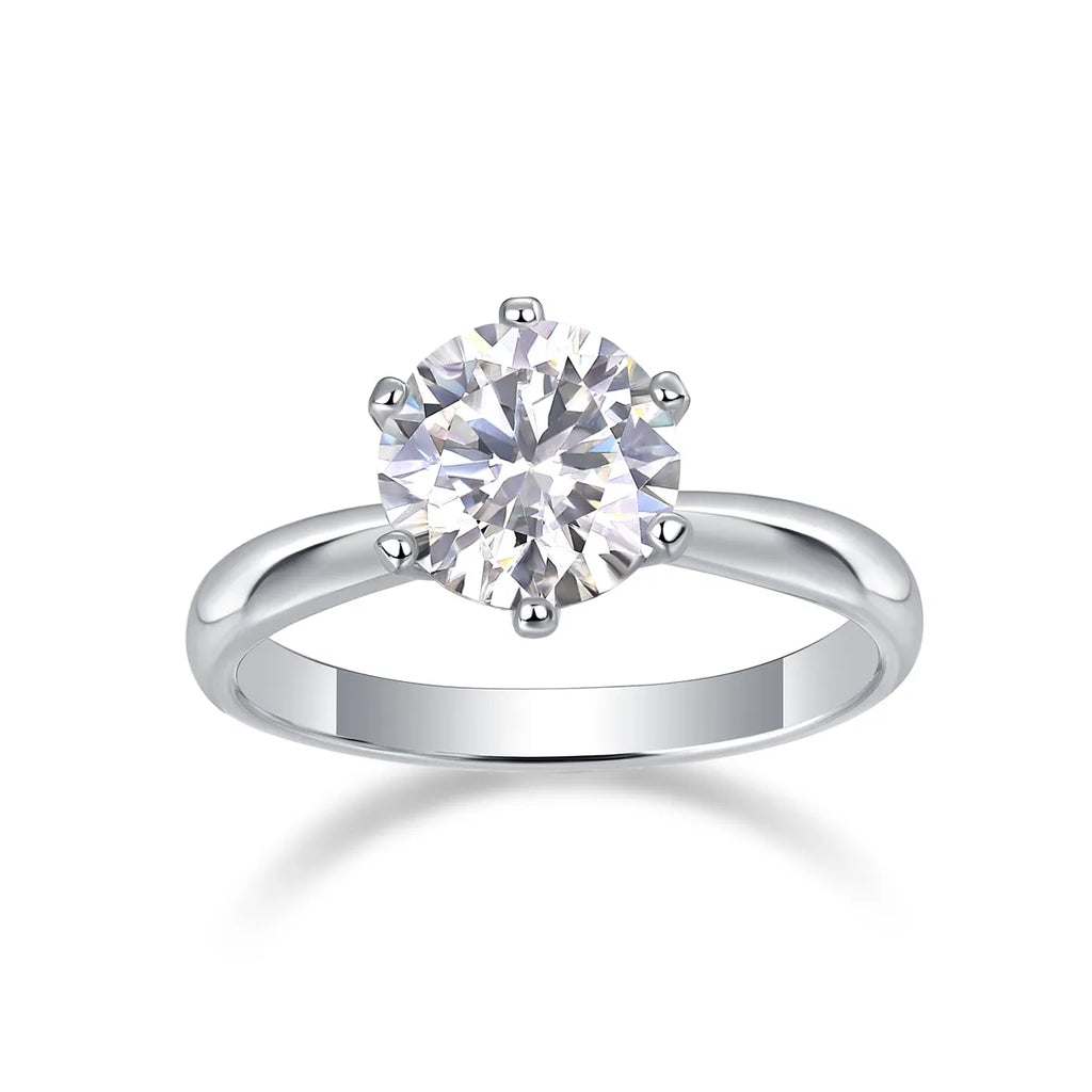 Round Solitaire Moissanite Engagement Ring S925 Sterling Silver 6‑Prong Smooth Band