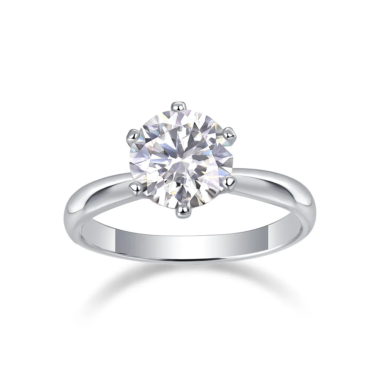 Round Solitaire Moissanite Engagement Ring S925 Sterling Silver 6‑Prong Smooth Band