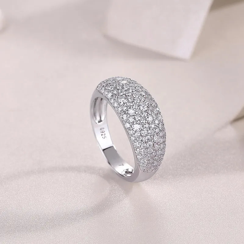 Pave Moissanite Dome Ring S925 Sterling Silver Micro‑Paved Statement Band for Women