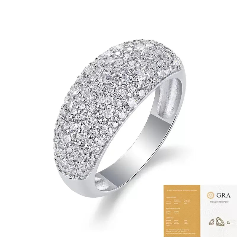Pave Moissanite Dome Ring S925 Sterling Silver Micro‑Paved Statement Band for Women