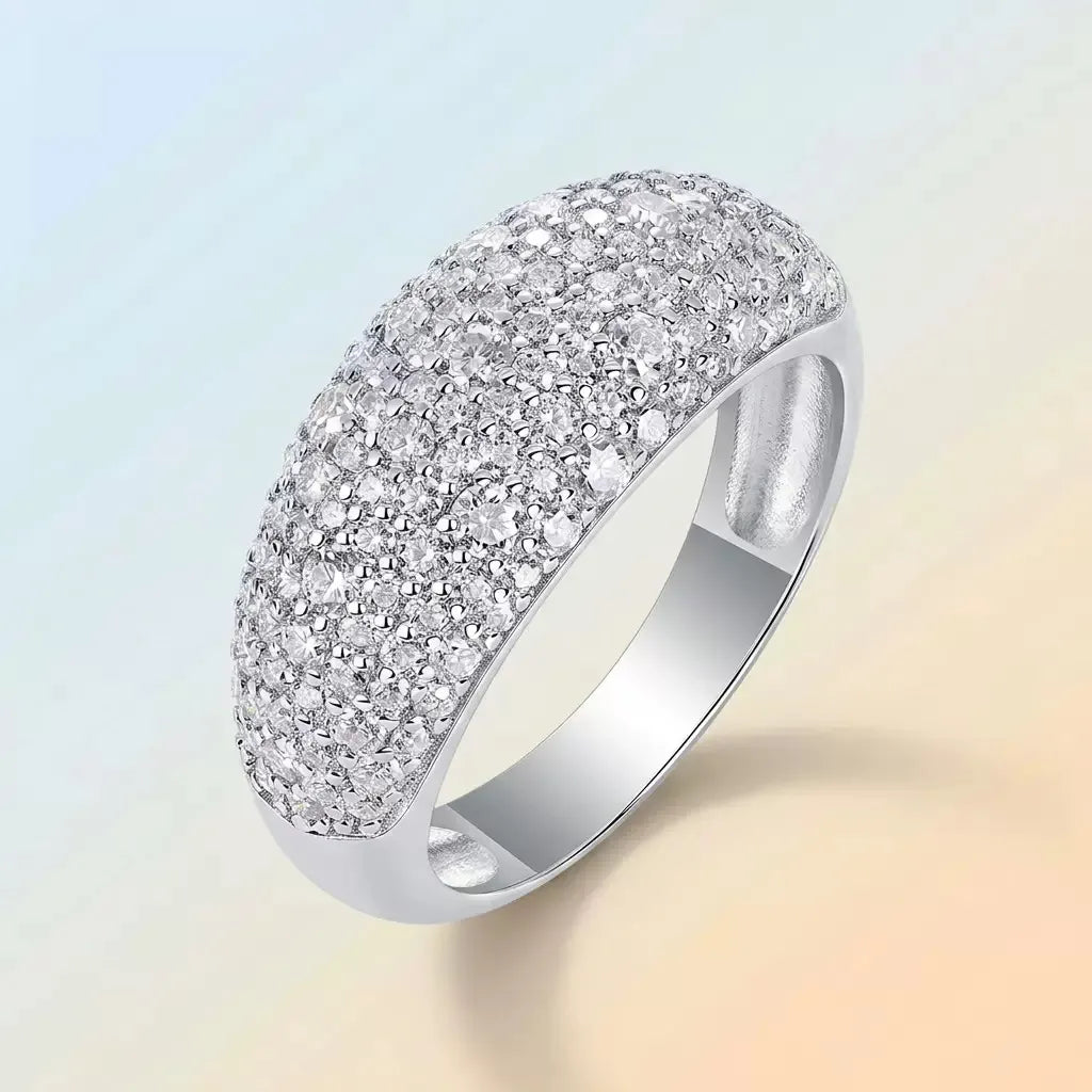 Pave Moissanite Dome Ring S925 Sterling Silver Micro‑Paved Statement Band for Women