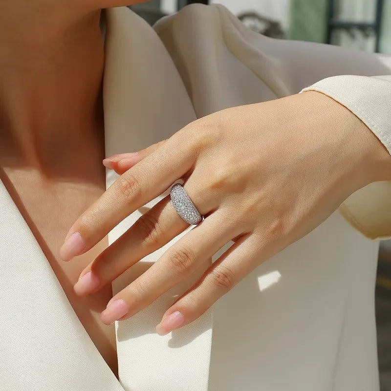 Pave Moissanite Dome Ring S925 Sterling Silver Micro‑Paved Statement Band for Women
