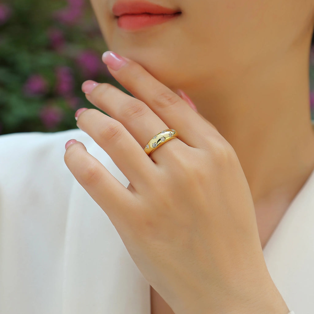 Women S925 Silver Star Moissanite Dome Stackable Statement Band Ring