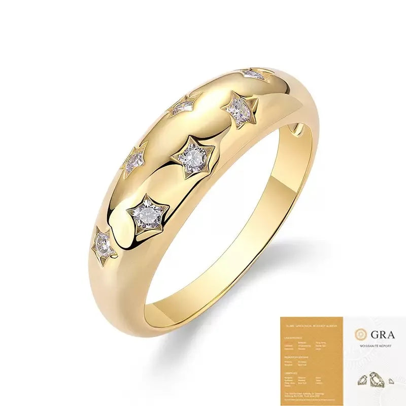 Women S925 Silver Star Moissanite Dome Stackable Statement Band Ring