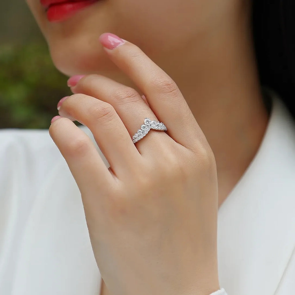 Crown V‑Shaped Moissanite Ring S925 Silver Curved Pave Stackable Band for Women