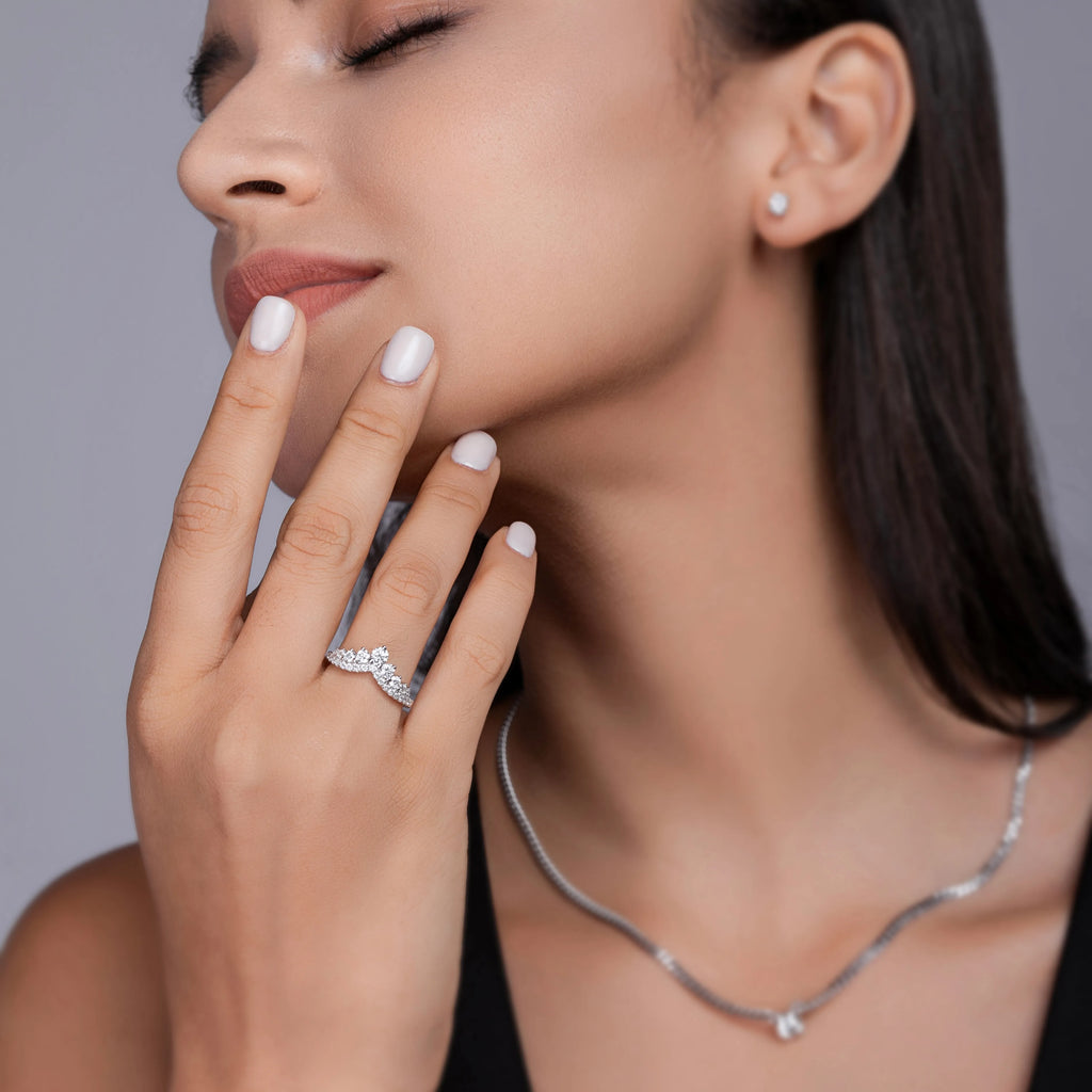 Crown V‑Shaped Moissanite Ring S925 Silver Curved Pave Stackable Band for Women