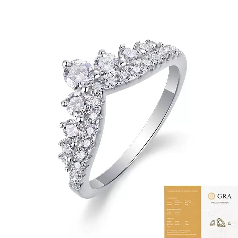 Crown V‑Shaped Moissanite Ring S925 Silver Curved Pave Stackable Band for Women