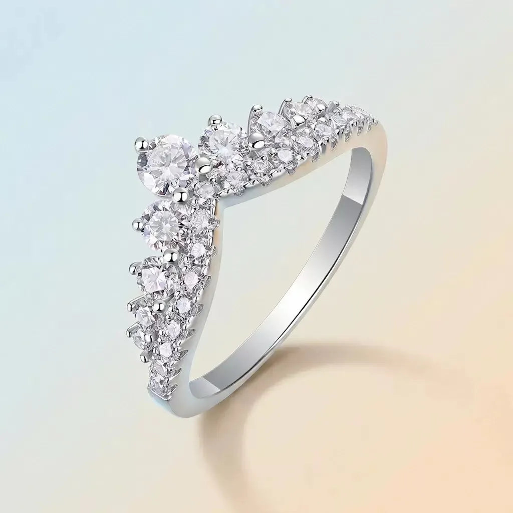 Crown V‑Shaped Moissanite Ring S925 Silver Curved Pave Stackable Band for Women