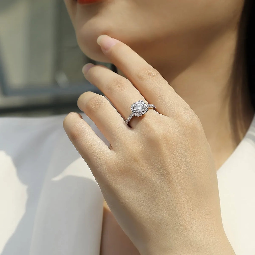 Women S925 Silver Cushion Halo Moissanite Pave Band Engagement Ring